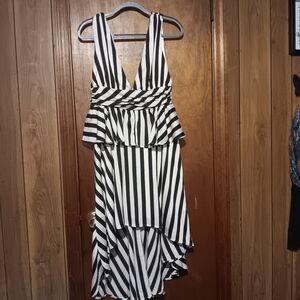 C. Luce Black and White Striped High Low Dress